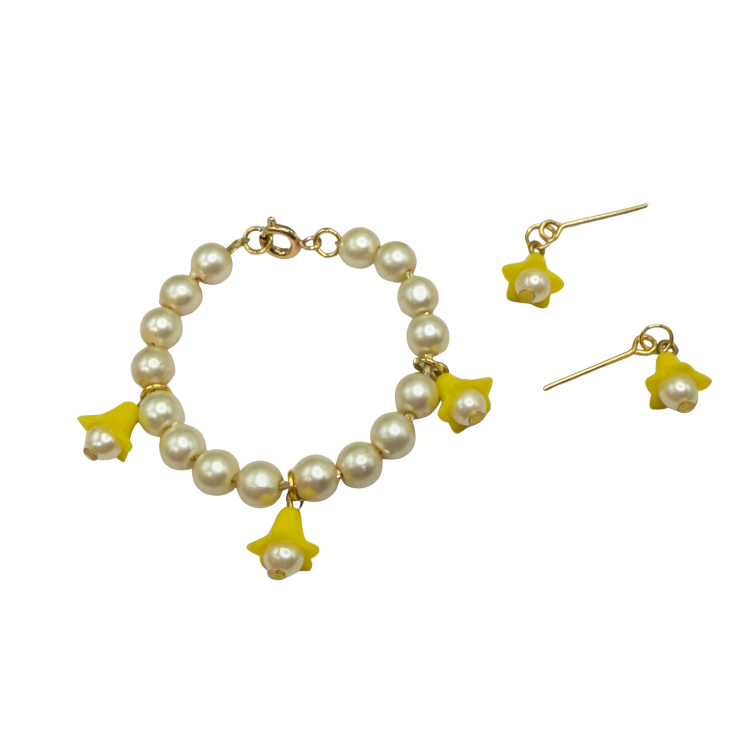 Light Yellow Bell Flower Dangle Pearl Beaded Doll Necklace & Earring • 14 Inch Fashion Doll Jewelry