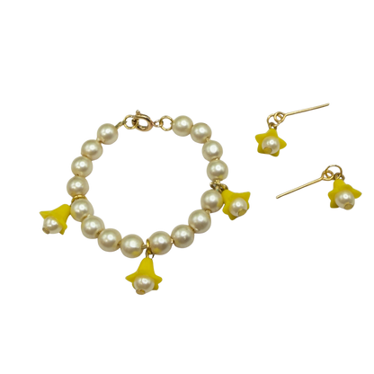 Light Yellow Bell Flower Dangle Pearl Beaded Doll Necklace & Earring • 14 Inch Fashion Doll Jewelry