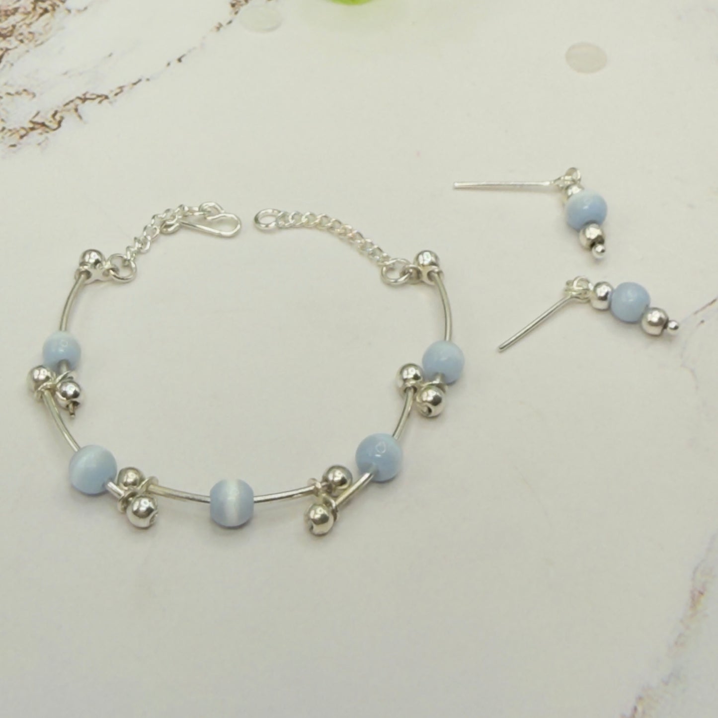 Light Blue Cat’s Eye Silver Curved Link Doll Necklace & Earrings Set • 18 Inch Fashion Doll Jewelry