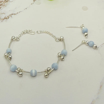 Light Blue Cat’s Eye Silver Curved Link Doll Necklace & Earrings Set • 18 Inch Fashion Doll Jewelry