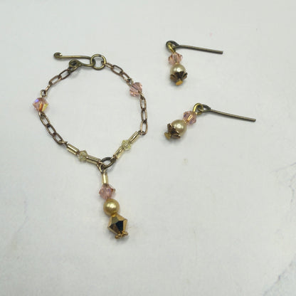 Pink Crystal Pearl Gold Y-Drop Doll Necklace & Earrings • 16 Inch Fashion Doll Jewelry