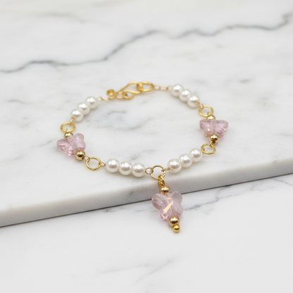 Light Pink Crystal Butterfly & Pearl Beaded Doll Necklace • 14 Inch Fashion Doll Jewelry