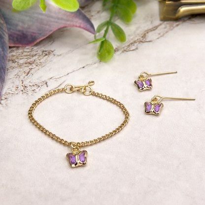 Purple Acrylic Crystal Butterfly Charm Gold Doll Necklace and Earrings for 16 Inch Fashion Dolls