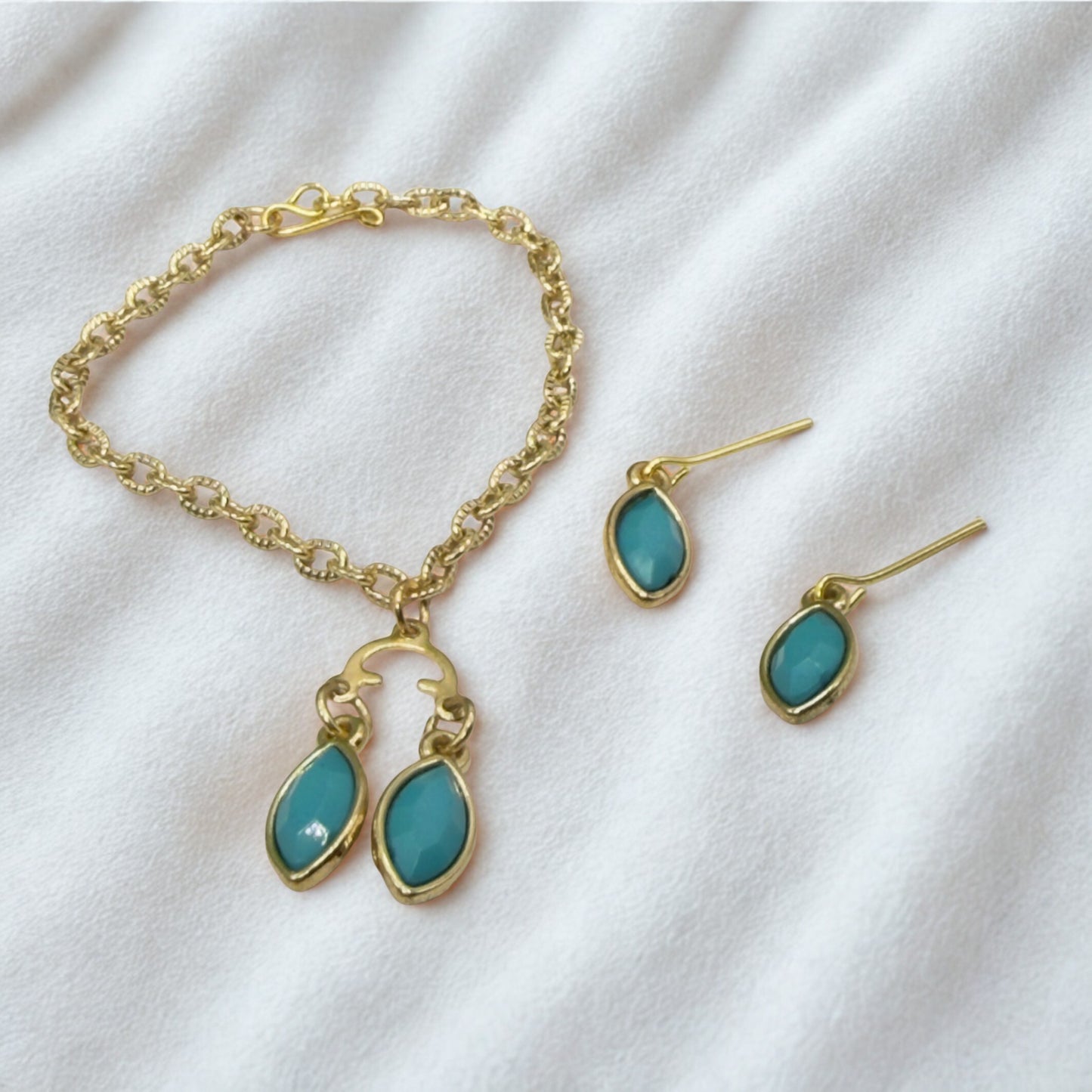 Turquoise Green Rhinestone Dual Pendant Gold Chain Dangle Doll Necklace & Earrings • 14 Inch Fashion Doll Jewelry