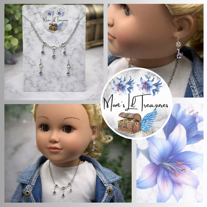 Light Misty Purple & Clear Rhinestone Silver Doll Necklace and Earrings Set for 18 Inch Fashion Dolls