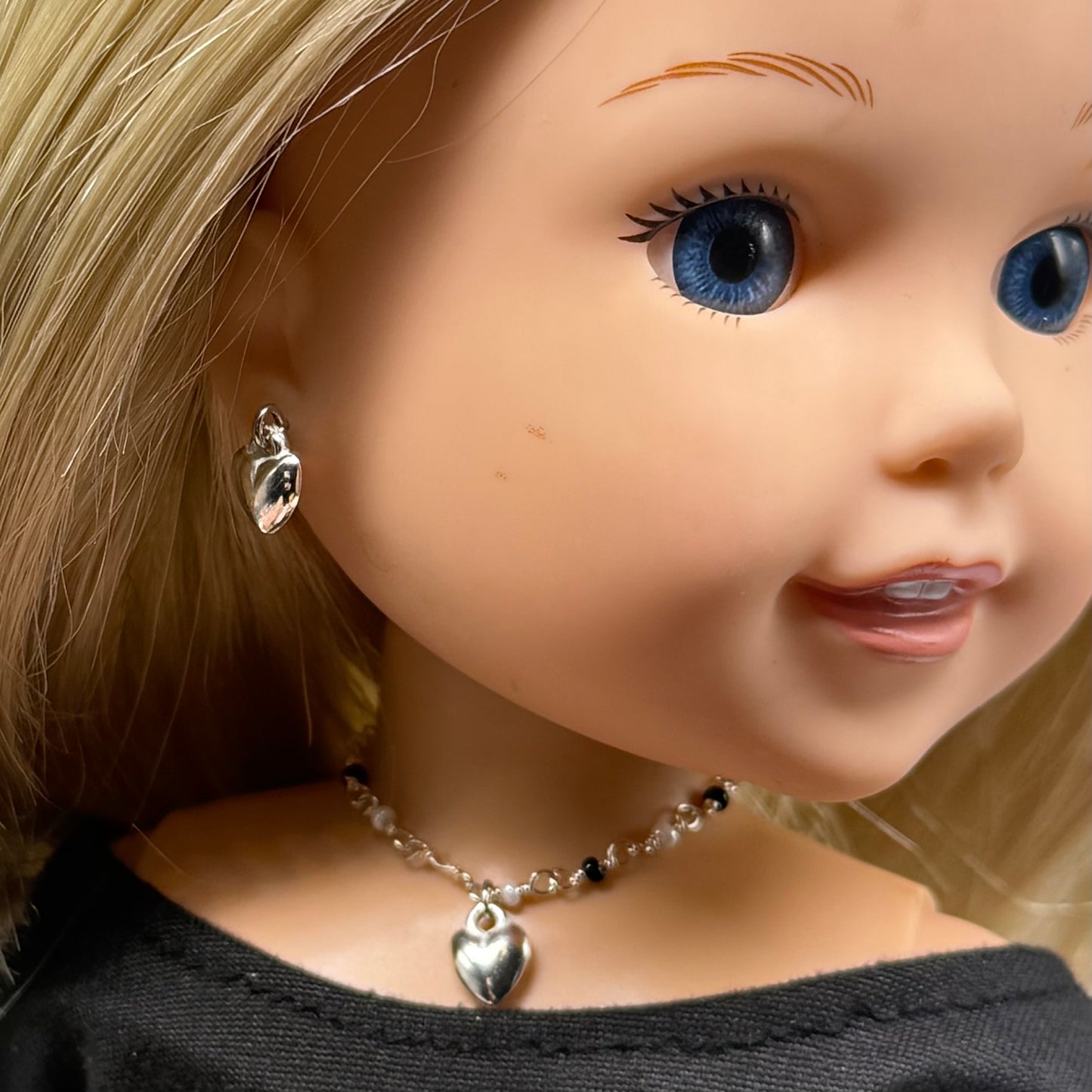Black & Pearl Beaded Silver Heart Charm Doll Necklace & Earrings • 14 Inch Fashion Doll Jewelry