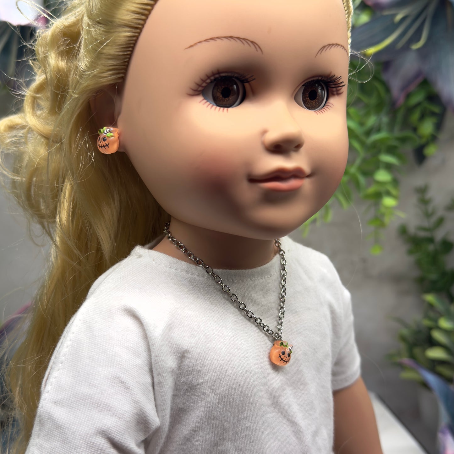 Pumpkin Halloween Acrylic Charm Doll Necklace and Earrings Set • 18 Inch Fashion Doll Jewelry