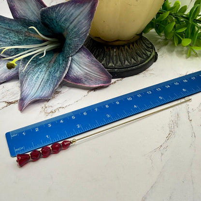 Ruby Red Faceted Glass Crystal Stacked Bead Hatpin Gold Tone Accents • 6 Inch