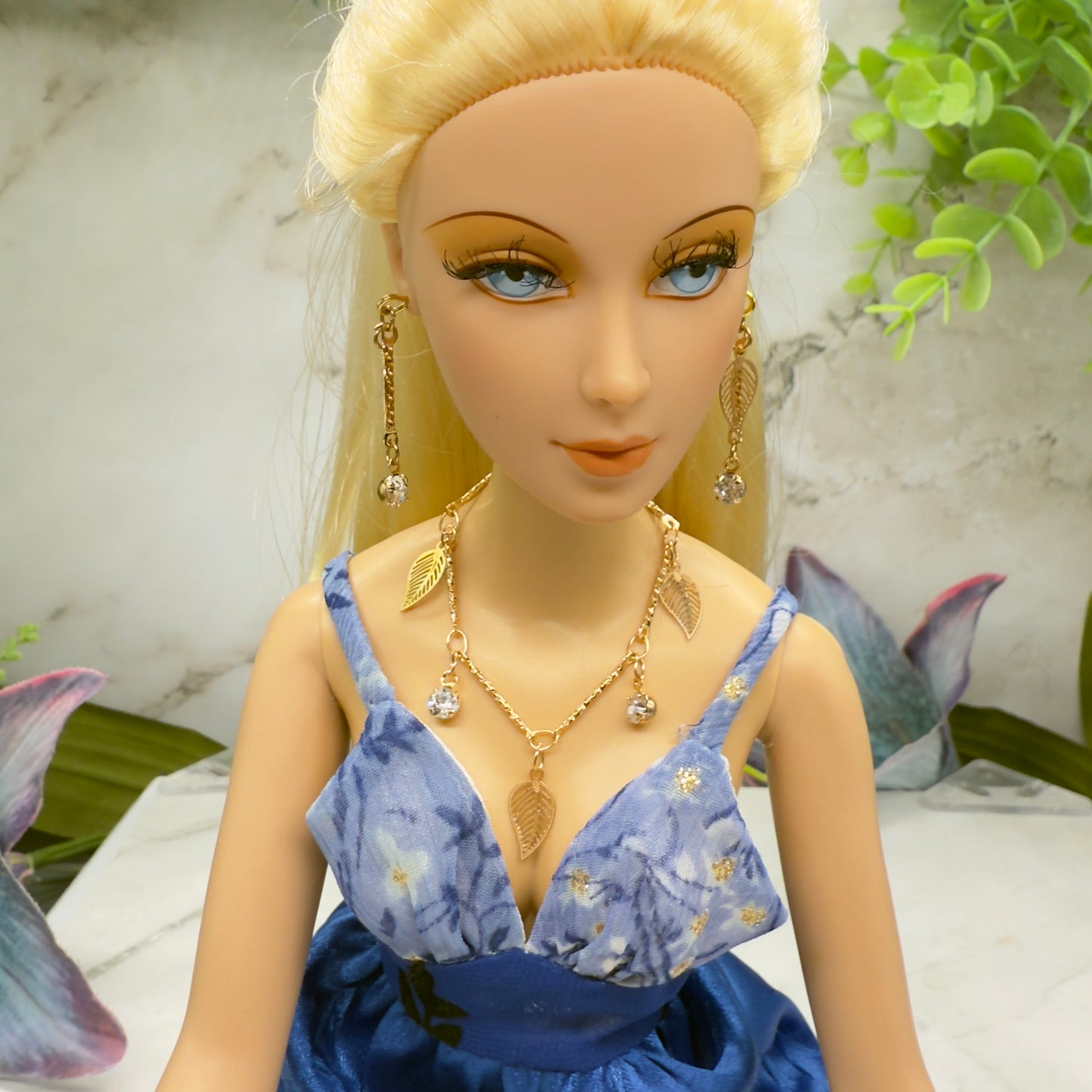 Gold Leaf Clear Rhinestone Dangles Gold Doll Necklace & Earrings • 16 Inch Fashion Doll Jewelry