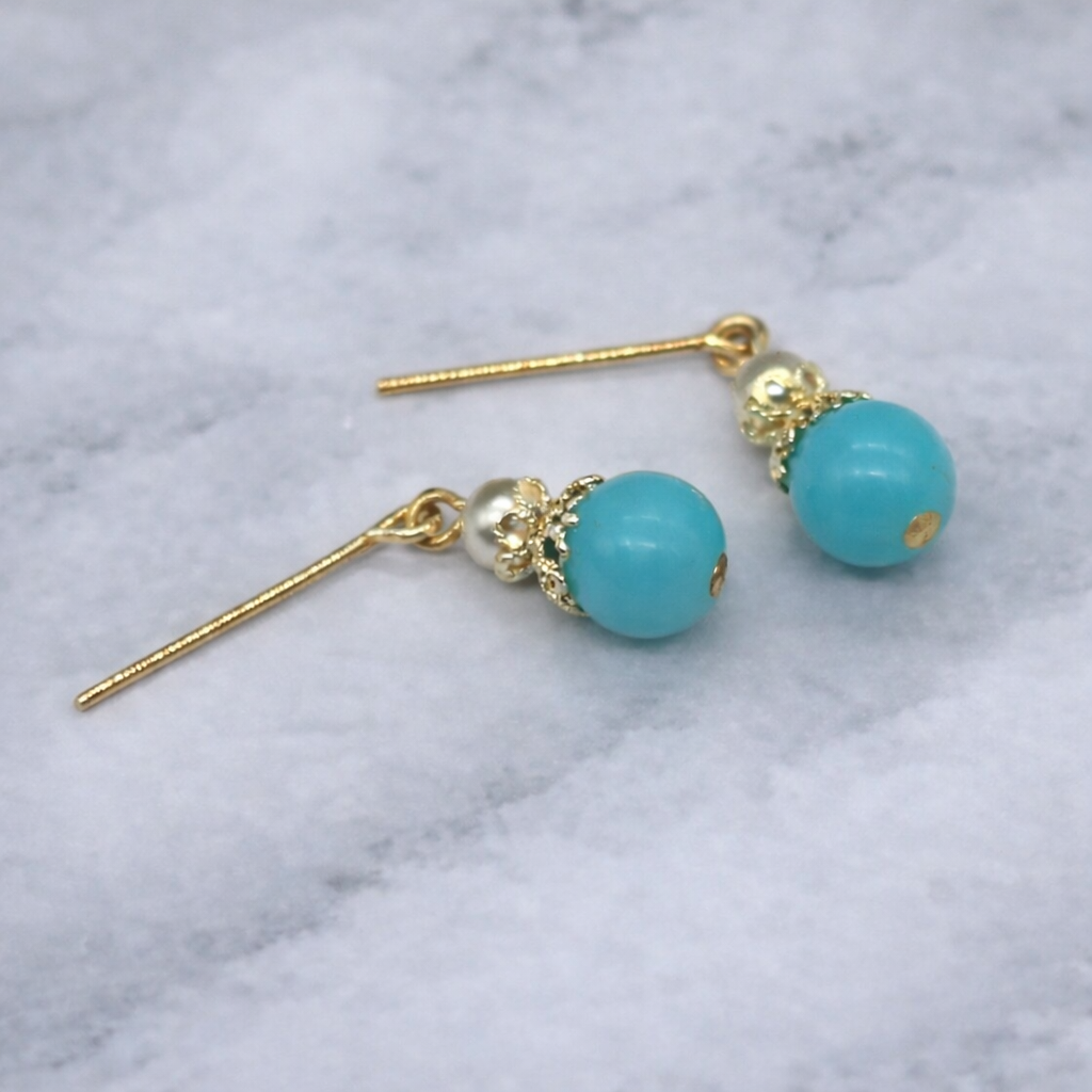 Turquoise Blue Glass Pearl Gold Tone Doll Earrings • 18” Fashion Doll Jewelry