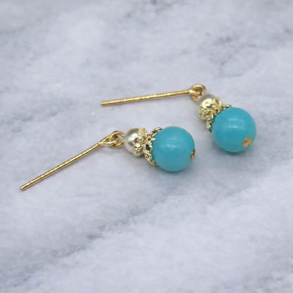 Turquoise Blue Glass Pearl Gold Tone Doll Earrings • 18” Fashion Doll Jewelry