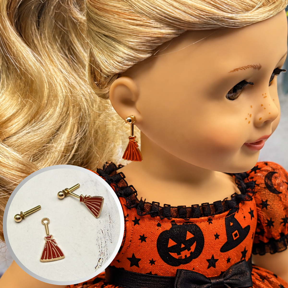 Witches Broom Halloween Dangle 2mm Post Doll Earrings • fits 18 Inch Doll • American Girl
