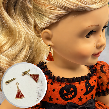 Witches Broom Halloween Dangle 2mm Post Doll Earrings • fits 18 Inch Doll • American Girl