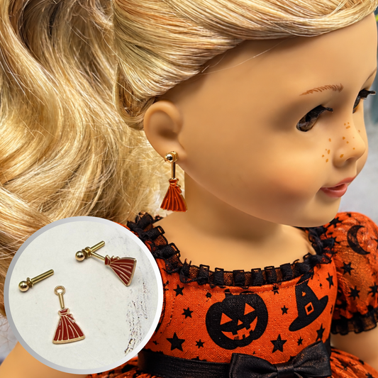 Witches Broom Halloween Dangle 2mm Post Doll Earrings • fits 18 Inch Doll • American Girl