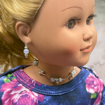 Light Blue Cat’s Eye Silver Curved Link Doll Necklace & Earrings Set • 18 Inch Fashion Doll Jewelry