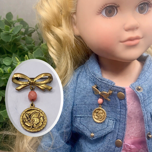 Gold Tone Bow Pin Pink Bead Gold Butterfly Flower Design Dangle • Doll Brooch