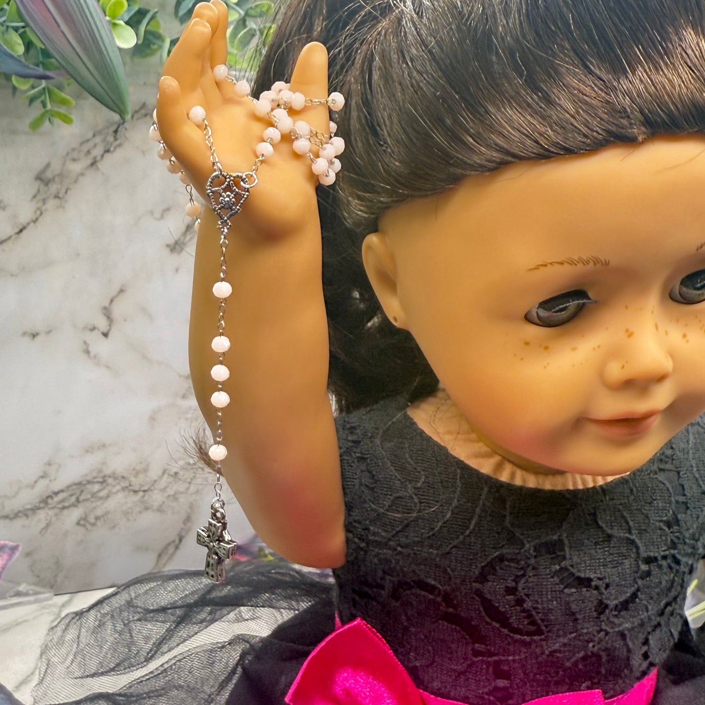 Cream Color - Off White Glass Crystal Beaded Silver Cross • Doll Size Catholic Rosary for 18-22” Fashion or Vintage Dolls