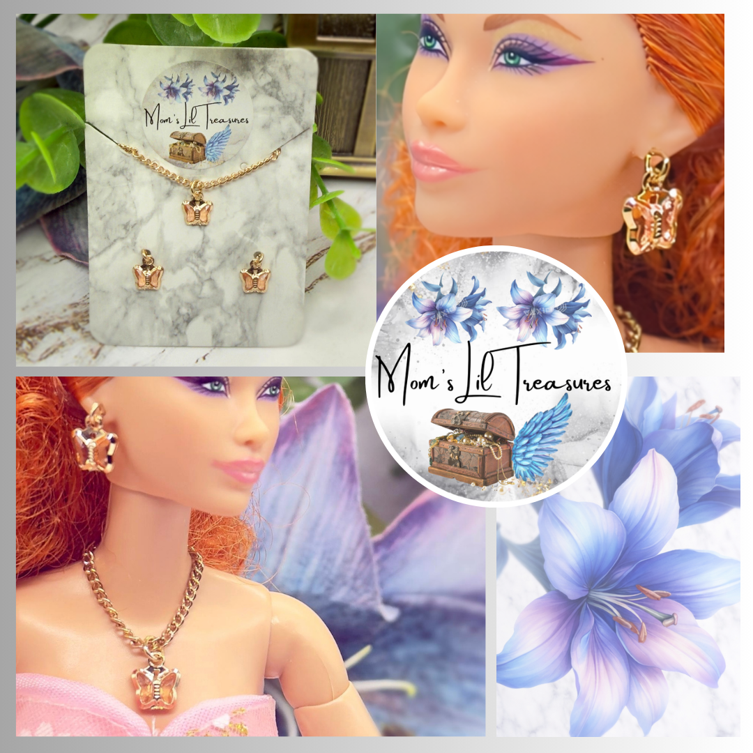 Peach Pink Crystal Butterfly Gold Chain Doll Necklace & Earrings • 10-12 Inch Fashion Doll Jewelry 1:6