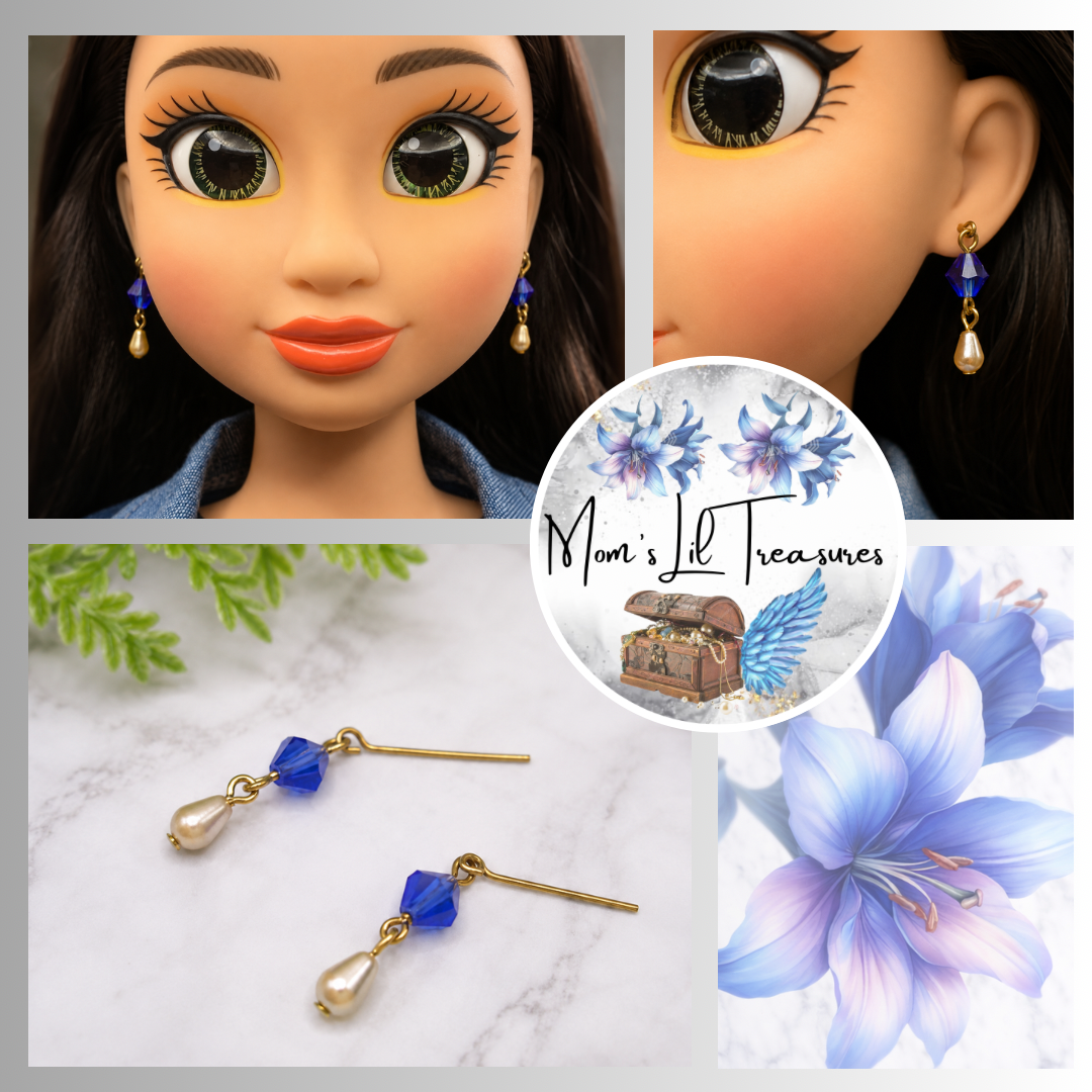 Blue Glass Crystal & Pearl Dangle Doll Earrings • 18 Inch Fashion Doll Jewelry