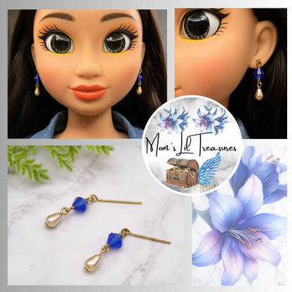 Blue Glass Crystal & Pearl Dangle Doll Earrings • 18 Inch Fashion Doll Jewelry