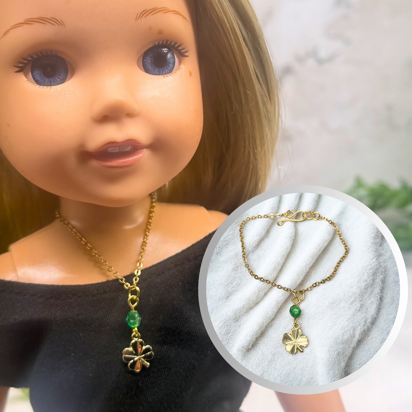 Gold Clover Charm Green Crystal Accent Doll Necklace • 14 Inch Fashion Doll Jewelry
