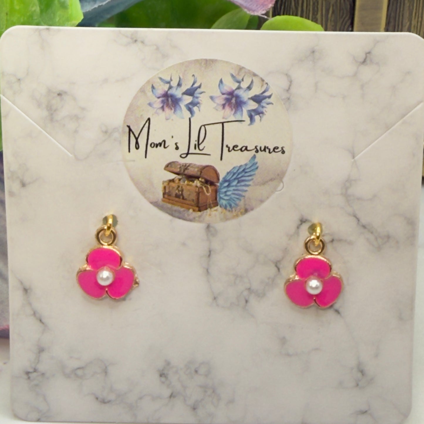 Vibrant Pink Enamel Inlay Flower Pearl Center Dangle Doll Earrings • 18 Inch Fashion Doll Jewelry