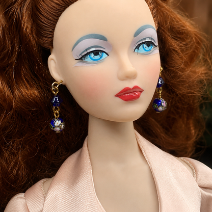 Dark Blue Cloisonné Flower Design Doll Earrings • 16 Inch Fashion Doll Jewelry