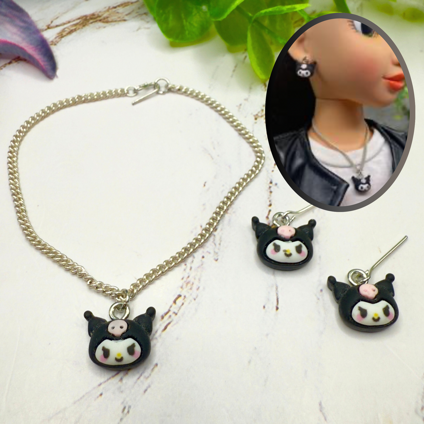 KUROMI Charm Sanrio Doll Necklace & Earrings Set • 18 Inch Fashion Doll Jewelry