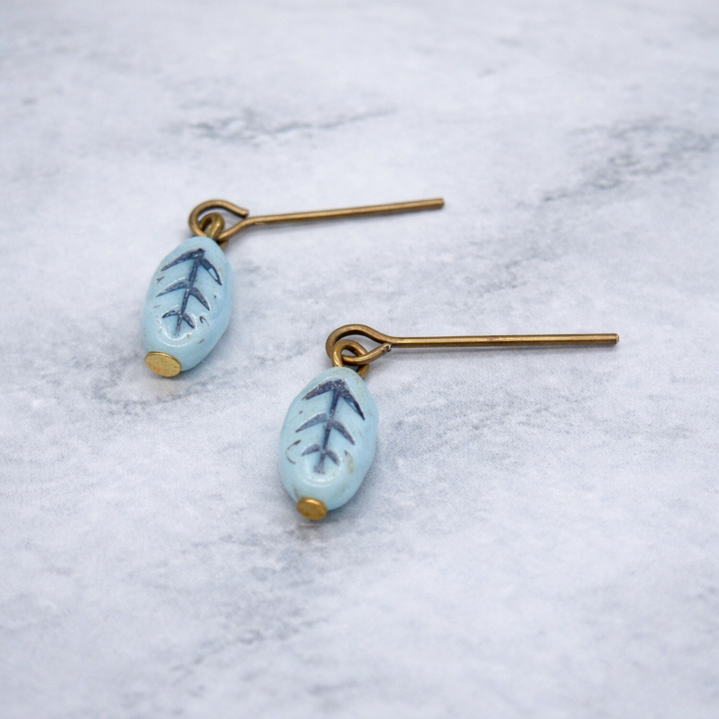 Light Blue Glass Leaf Design Dangle Doll Earrings for 18 Inch Fashion Doll Jewelry • Doll Accessories