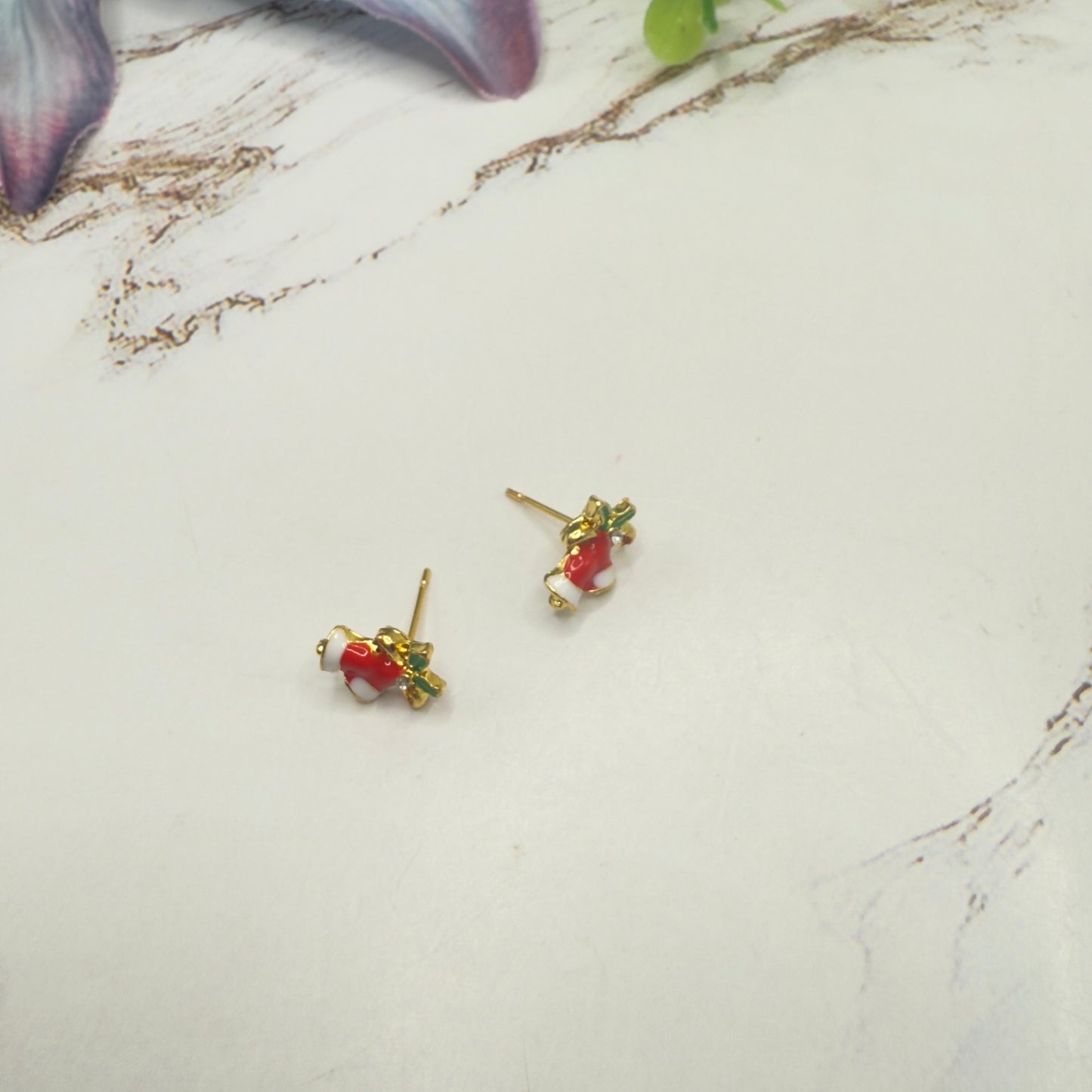 Red White Enamel Gold Metal Christmas Bell Post Earrings • 18 Inch Fashion Doll Jewelry