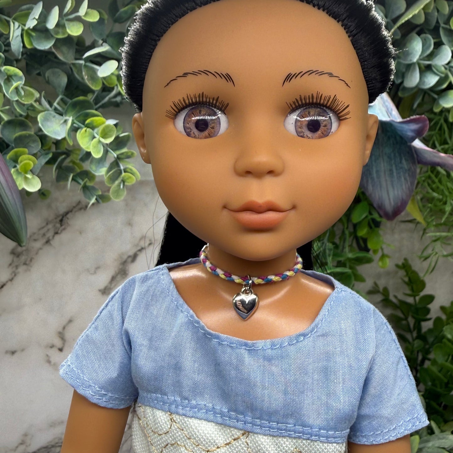 Braided Purple Blue Yellow Fabric Doll Necklace Silver Heart Charm • 14 Inch Fashion Doll Jewelry