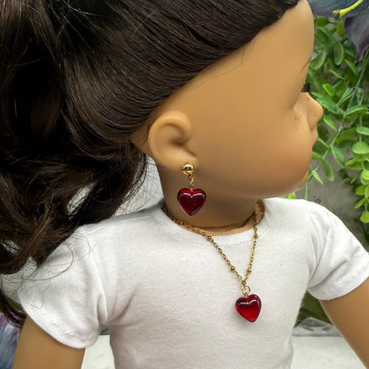 Red Burgundy Heart Pendant Gold Chain Doll Necklace & Earrings • 2mm Post for 18 Inch Fashion Doll