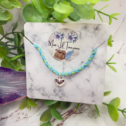 Turquoise Blue Green Braided Thread Doll Necklace w/ Silver Heart Charm • 14 Inch Fashion Doll Jewelry