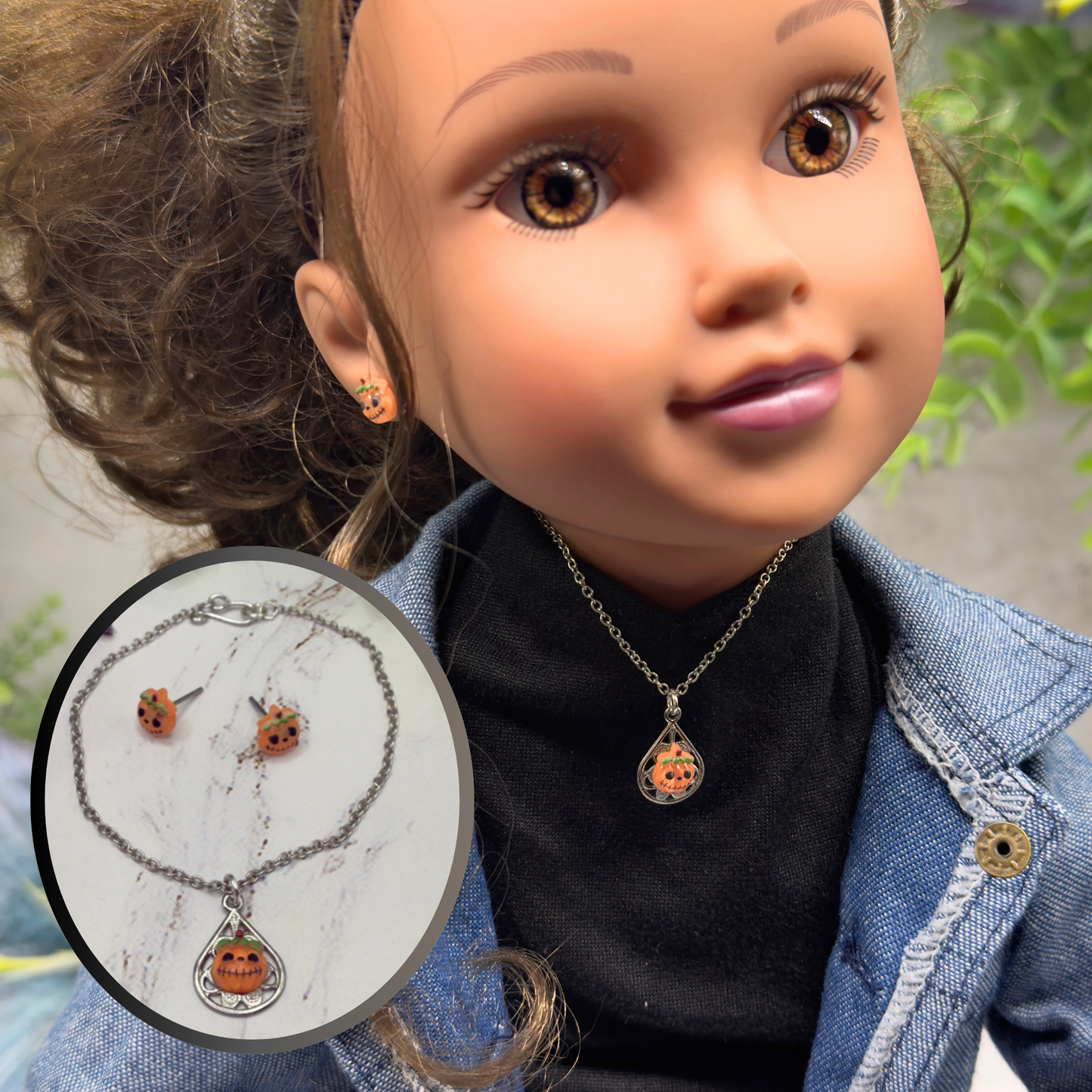 Pumpkin Halloween Pendant Silver Doll Necklace and Post Earrings • 18 Inch Fashion Doll Jewelry