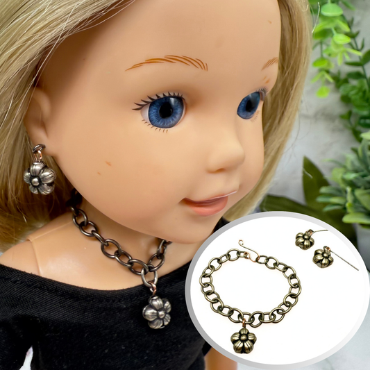 Flower Dangle Gunmetal Dark Silver Doll Necklace & Earrings • 14 Inch Fashion Doll Jewelry