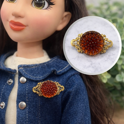 Gold Tone Filigree Brown Acrylic Button Flower Design • Doll Brooch