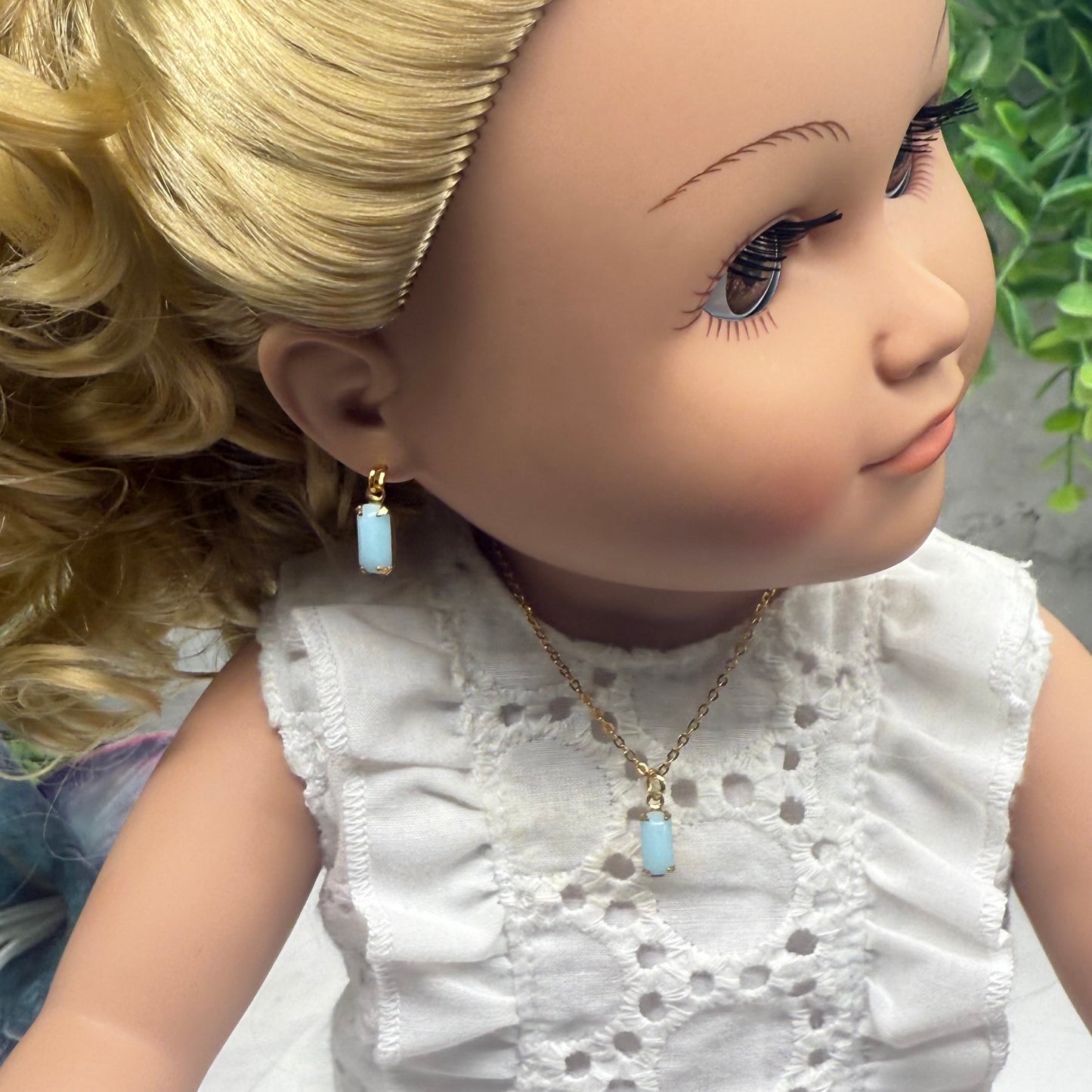 Blue Glass Rectangular Dangle Gold Chain Doll Necklace Earrings Set • 18 Inch Fashion Doll Jewelry