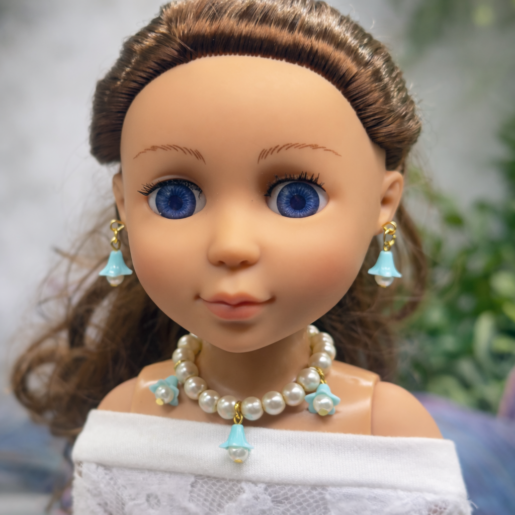 Turquoise Blue Bell Flower Dangle Pearl Beaded Doll Necklace & Earrings • 14 Inch Fashion Doll Jewelry