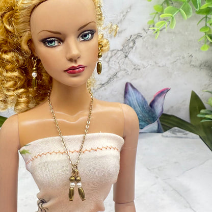 Bronze Brass Tone Pearl & Metal Bead Dangle Doll Necklace Earrings Set • 16 Inch Fashion Doll Jewelry