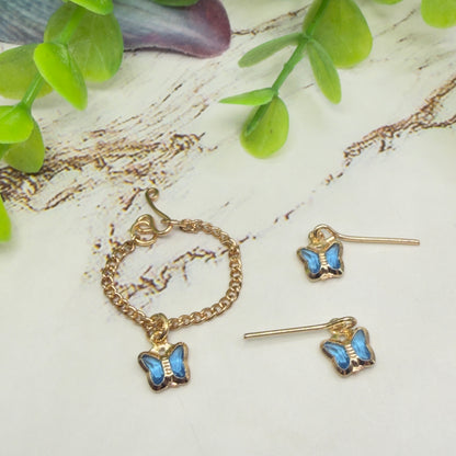 Blue Crystal Butterfly Charm Gold Chain Doll Necklace & Earrings • 10-12 Inch Fashion Doll Jewelry 1:6