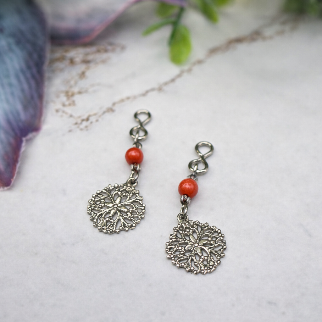 Dark Orange Bead with Silver Filigree Dangle Doll Earring DANGLE ONLY fits 2mm post for 18 Inch Fashion Dolls