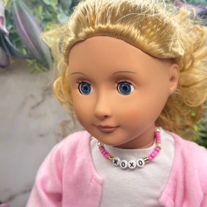 Pink & Pearl Beaded XOXO Doll Necklace Valentine’s Day • 18 Inch Fashion Doll Jewelry