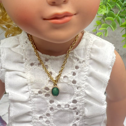 Green Oval Pendant Gold Chain Doll Necklace • 18 Inch Fashion Doll Jewelry