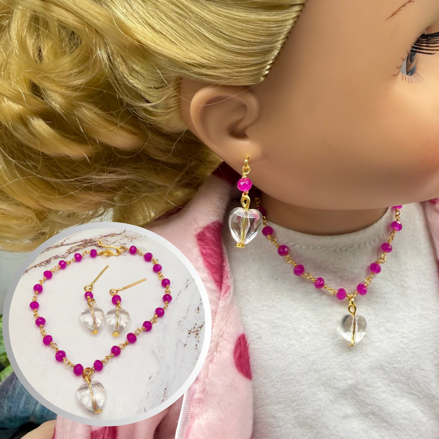 Fuchsia Pink Glass Crystal Bead Chain Clear Heart Charm Doll Necklace & Earrings • 18 Inch Fashion Doll Jewelry