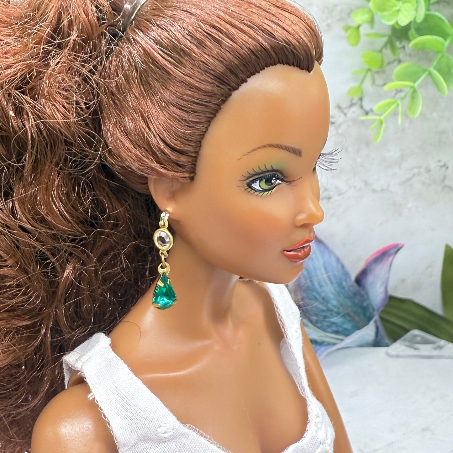 Green Teardrop Rhinestone Clear Crystal Dangle Doll Earrings • 16 Inch Fashion Doll Jewelry
