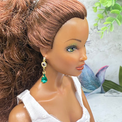 Green Teardrop Rhinestone Clear Crystal Dangle Doll Earrings • 16 Inch Fashion Doll Jewelry