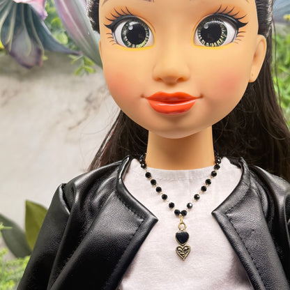 Black Crystal Beaded Double Heart Charm Doll Necklace • 18 Inch Fashion Doll Jewelry