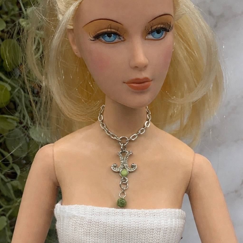 Green Dangle Silver Pendant Necklace • 16 inch Fashion Doll Jewelry
