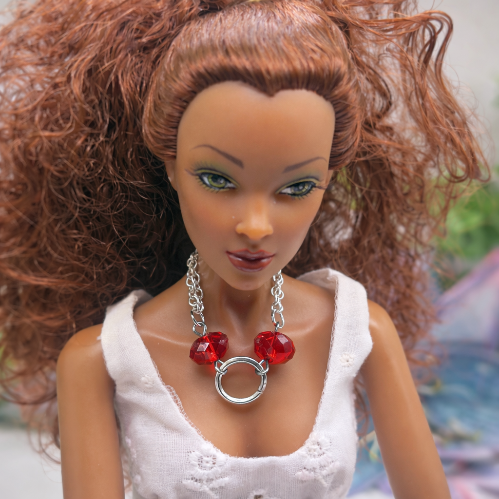 Red Faceted Acrylic Crystal Silver Ring Doll Necklace • 16 Inch Fashion Doll Jewelry