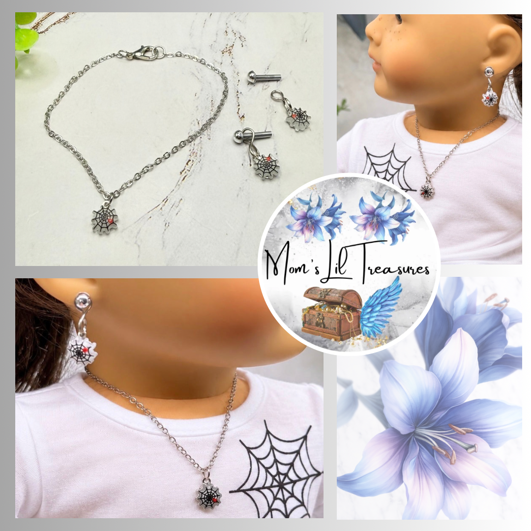 Spider Web Halloween Necklace and 2mm Post Earrings Set | for 18 Inch Dolls • American Girl